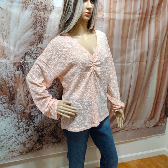 Very J Women's Peach Loose Fit Open Knit Long Sleeve V neck Blouse Top - Picture 1 of 12